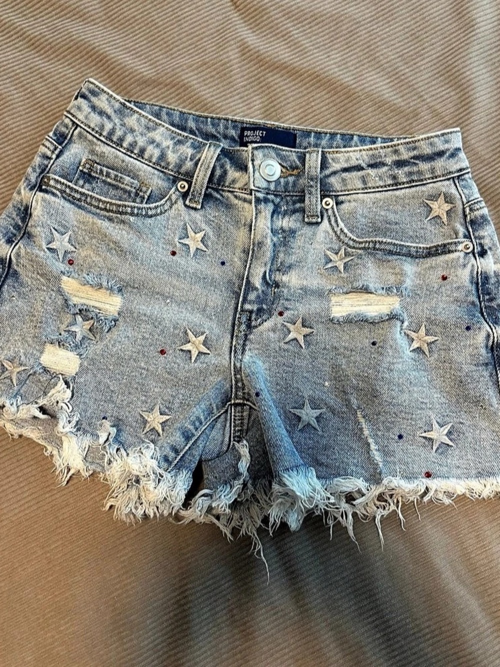 Project Indigo Star Rhinestone High-Rise Frayed Hem Denim Shorts Jean Shorts